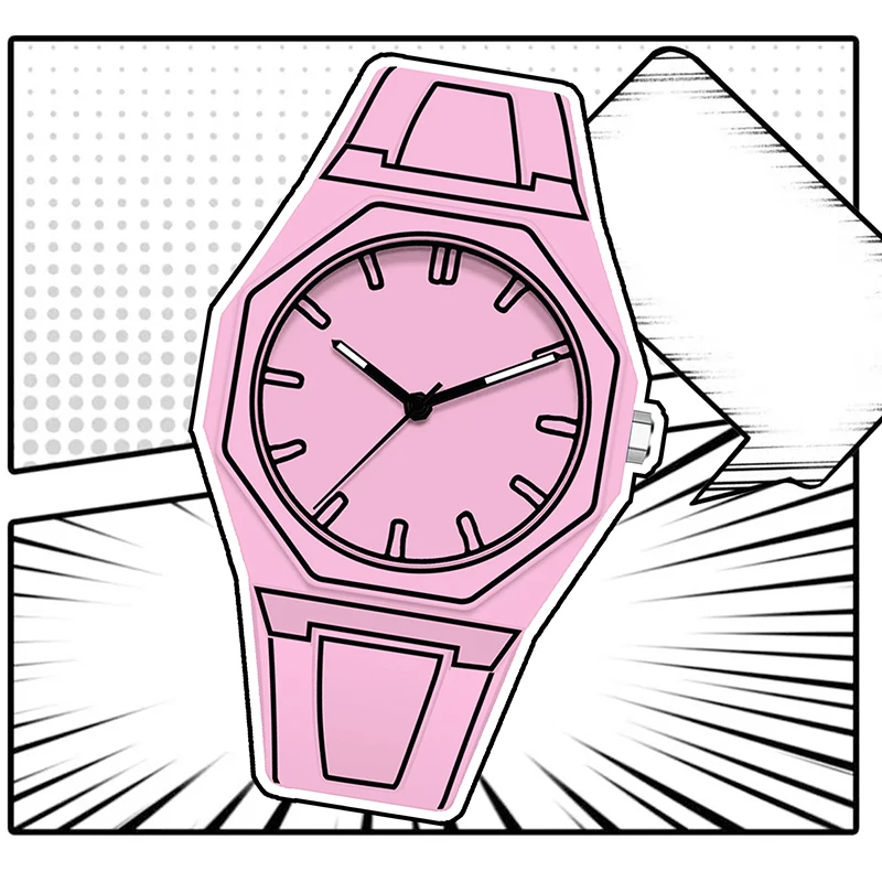 A Women's Pink Tape Luminous Design Anime Cartoon Line Style Japanese Versatile Trend Cool Quartz Wristwatch