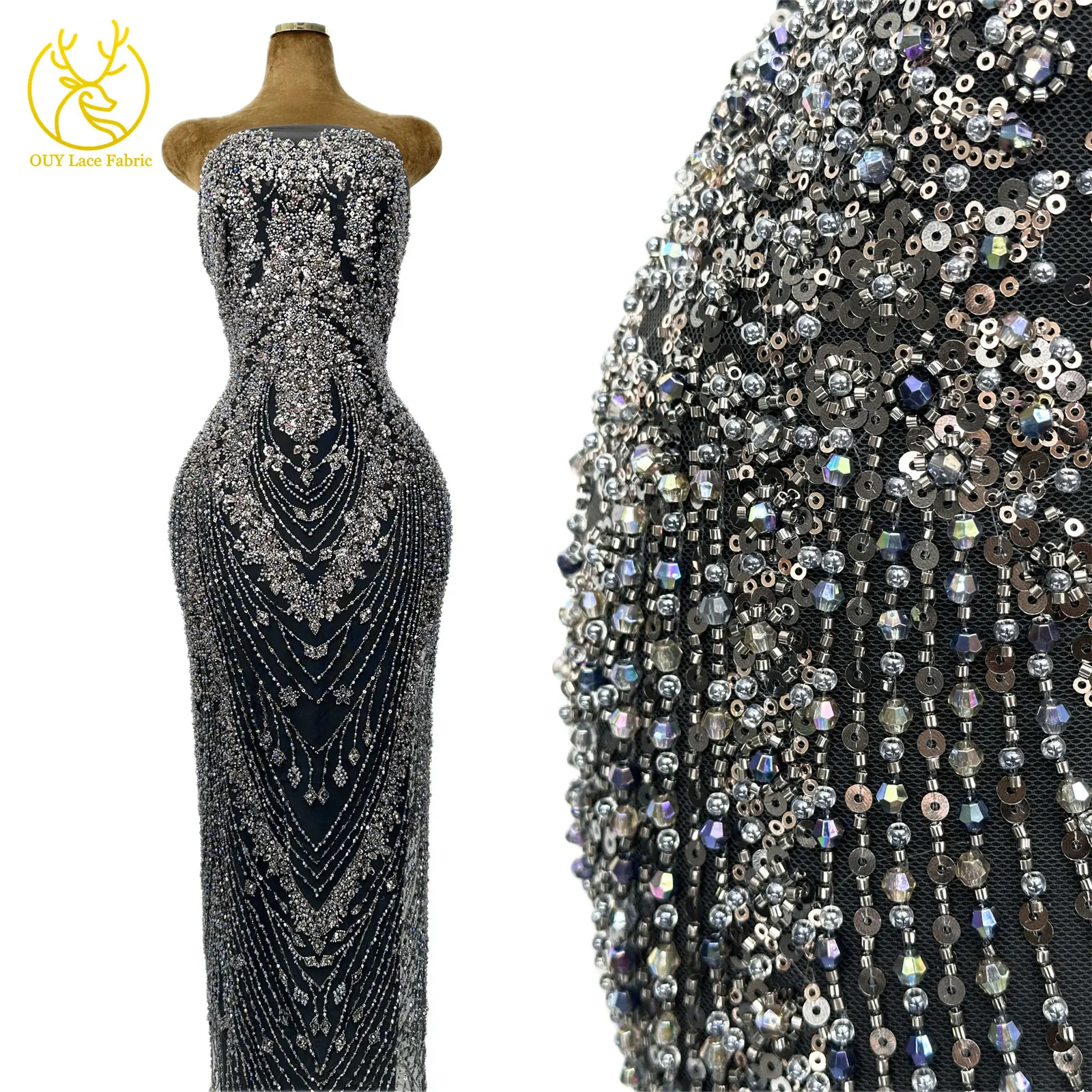 

Black Luxury African Handmade Heavy Beaded Sequin Lace Fabric 5 Yards of Luxurious French Tulle Lace Fabric for Party Dresses