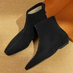 Plus size 34-42 women's natural suede leather back zip autumn flats ankle boots square toe casual female high quality short boot