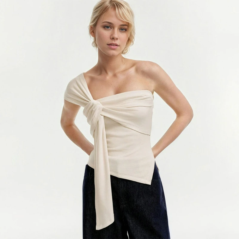 2026 Summer Fashionable Cross Border Women Clothing Light Luxury High-end Niche Design T-shirt Off Shoulder Sexy Sleeveless Top