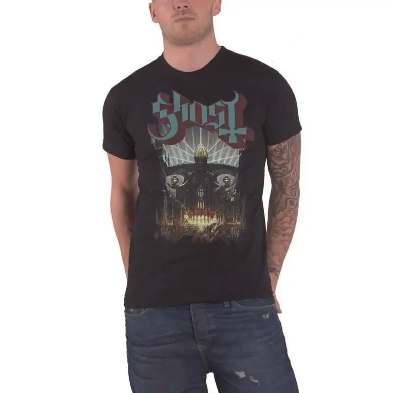 Camiseta Ghost Meliora com capa do álbum e logotipo da banda oficial masculina nova preta