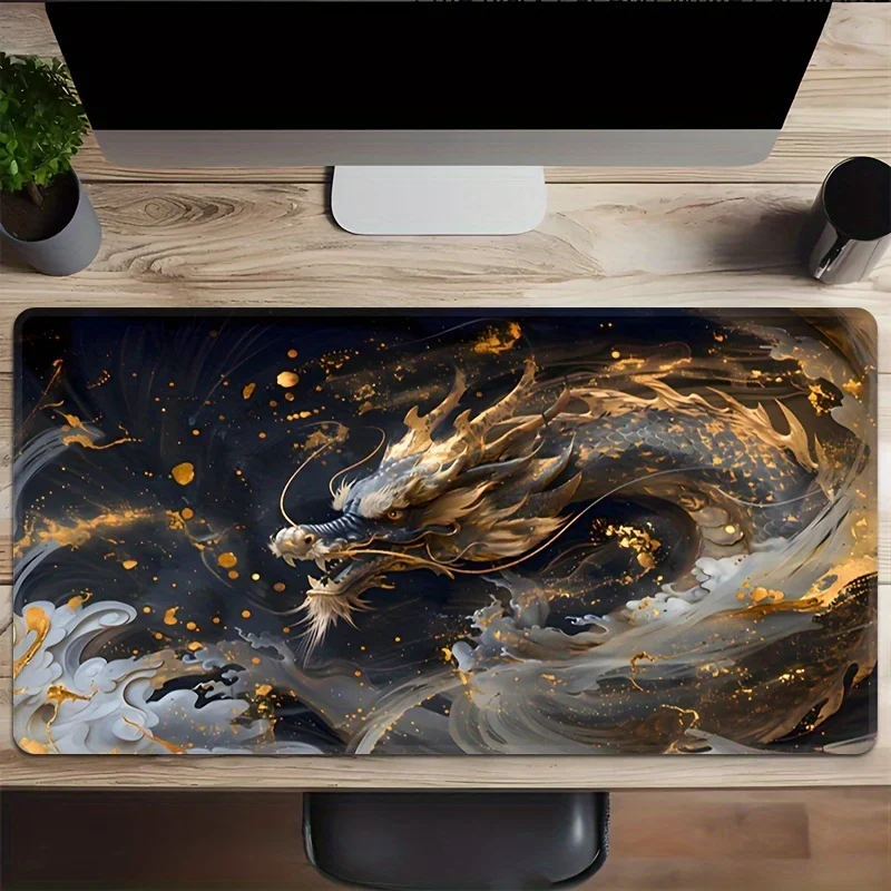 لوحة ماوس ألعاب ممتدة مع تنين أسود مهيب، قاعدة مطاطية غير قابلة للانزلاق بحواف مخيطة لديكور المنزل والمكتب والكمبيوتر الشخصي #4