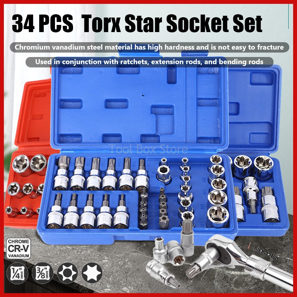 

34pcs Torx Bit Socket and E-Torx Star Socket Set 1/4" 3/8" 1/2" Drive Male Female E-torx Security Bits Handheld Tool