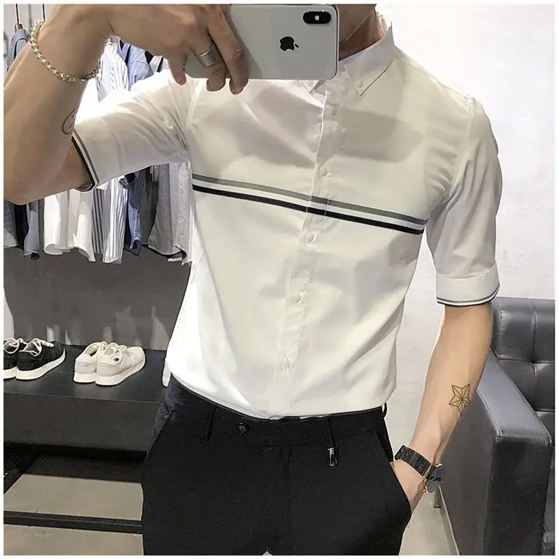 2024 Summer Korean Edition Trendy and Fashionable Polo Collar Color Block Slim Fit Versatile Thin Short Sleeved Shirt for Men