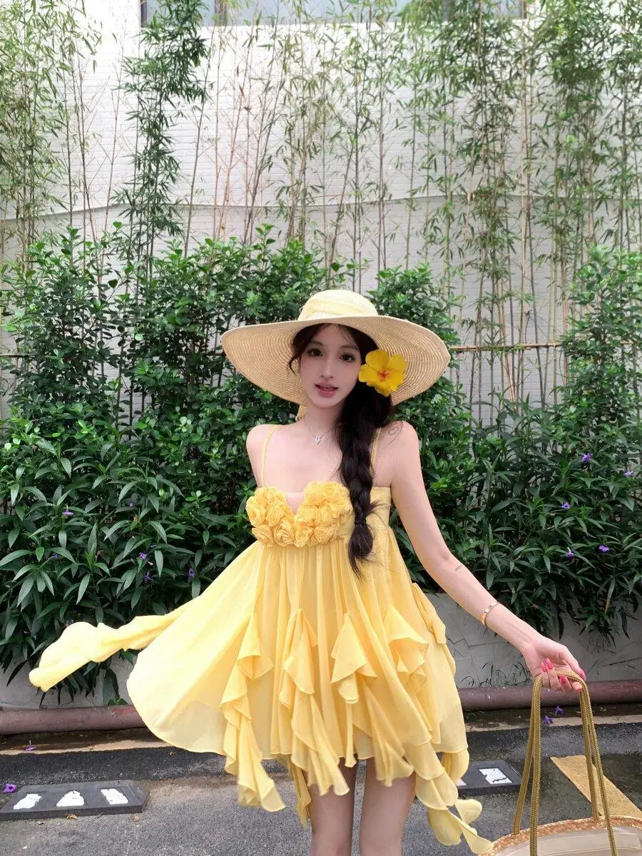 

Summer Floral Print A-Line Dress Women's Loose Fit Yellow Skirt Gentle Summer Wind Bell Sleeve Commuter Style Dress