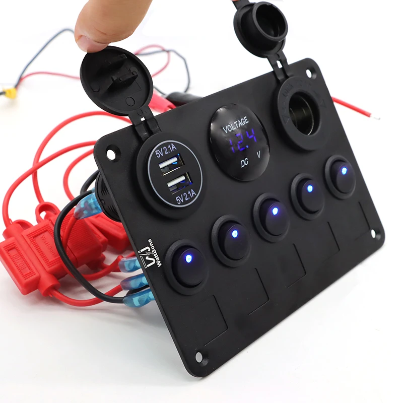 Manufacturer 5 Gang Marine Round Rocker Switch Panel 12V 24V DC LED Voltmeter Caravan Control Panel Switch For Automotive Car RV