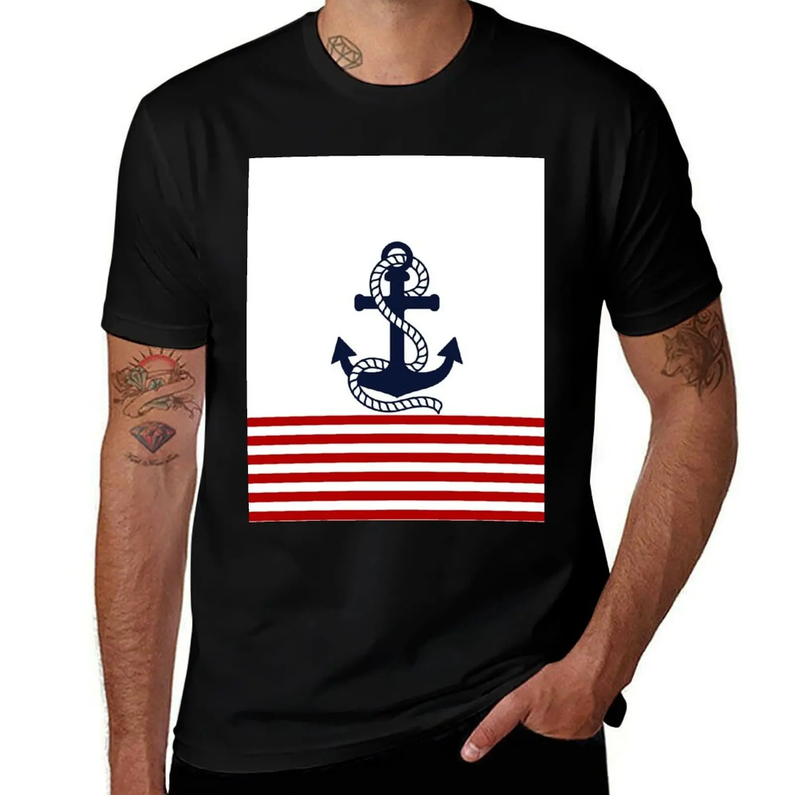 Nautical red and white stripes with a navy blue anchor T-Shirt Minimalist Plain Crew Neck T-Shirt