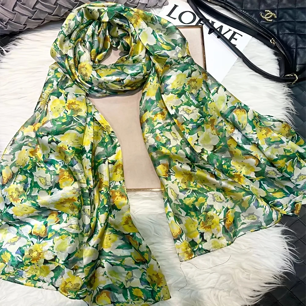 

BYSIFA|Green 100% Silk Shawl Scarf Fashion Brand Female Fall Winter Floral Design Long Scarves Bufand Summer Beach Shawls