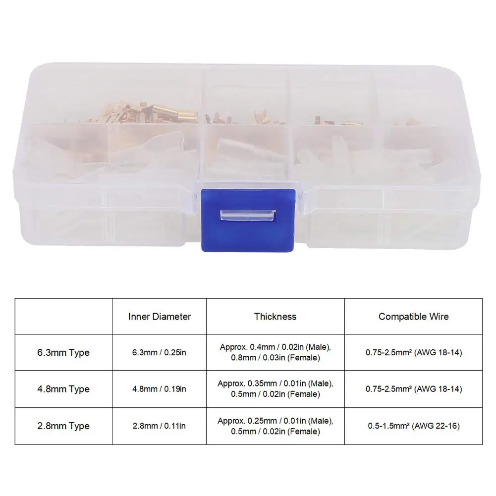 120Pcs 6.3mm 4.8mm 2.8mm Gold Copper Wire Terminal Connector Spade Terminal Connectors with Storage Box for Electrical Wiring
