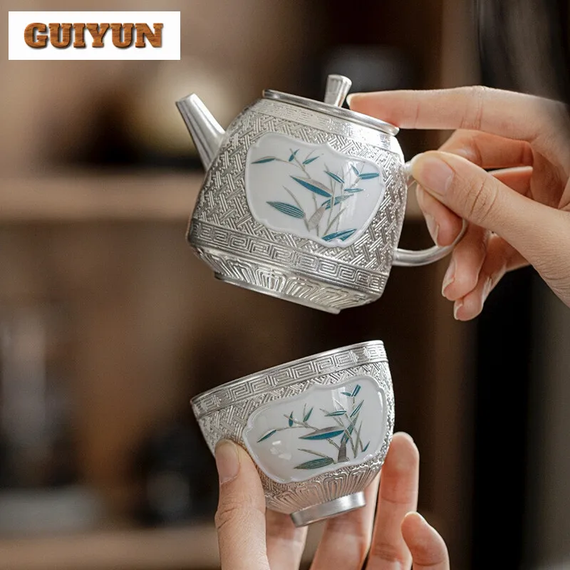 180ml Luxury Open Window Bamboo Teapot Handamde 999 Sterling Silver Gilded Pot Tea Making Kettle Tea Ceremony Collection Gifts