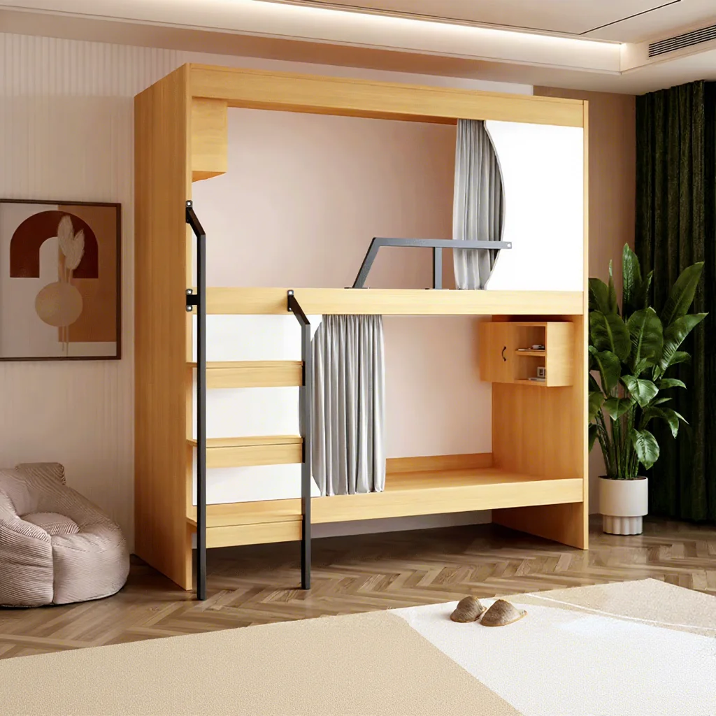 Cama litera metálica estilo cápsula espacial con barandillas de seguridad completamente cerradas para hostales, dormitorios, escuelas, apartamentos y habitaciones infantiles