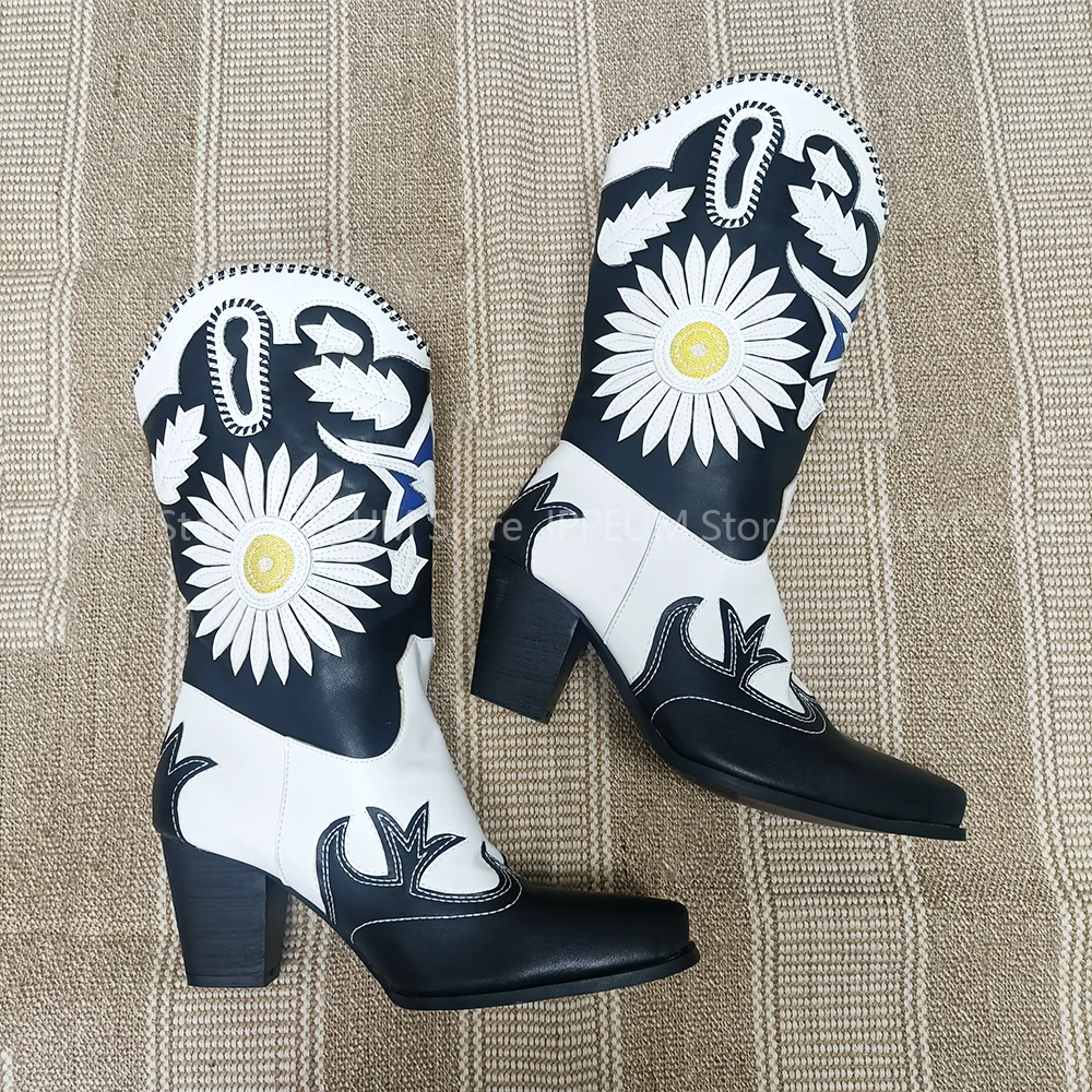 IPPEUM Western Cowgirl Boots Flower Cowboy Boots Chunky Heels Wedge Boots Women Shoes Winter Sunflower Boots Luxury Brands