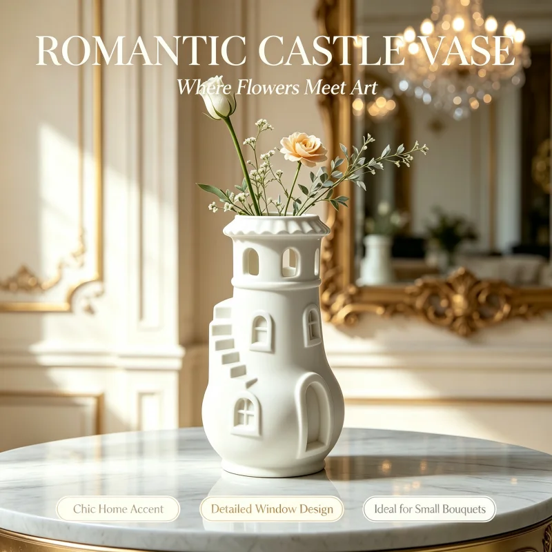 Nordic-Style Pure White Mini Castle Desktop Vase, 3D Architectural Sculpture with Side Steps and Arched Windows, Full of Details, Matte Smooth Surface, Luxurious and Romantic Ambiance, Compact Size Suitable for Placing on Desks, Dressing Tables, or Shelves, Paired with Fresh Cut Small Bouquets to Create a Refined Home Decor, Unique and Distinctive Ornament, a Thoughtful Gift for Girls on Birthdays or Housewarming