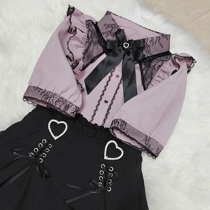 Kawaii النساء القمصان Jirai Kei لوليتا Y2K لطيف النمط الياباني بلوزة أنيقة طويلة الأكمام الحلو القمم قميص الجمالية غير رسمية 2024