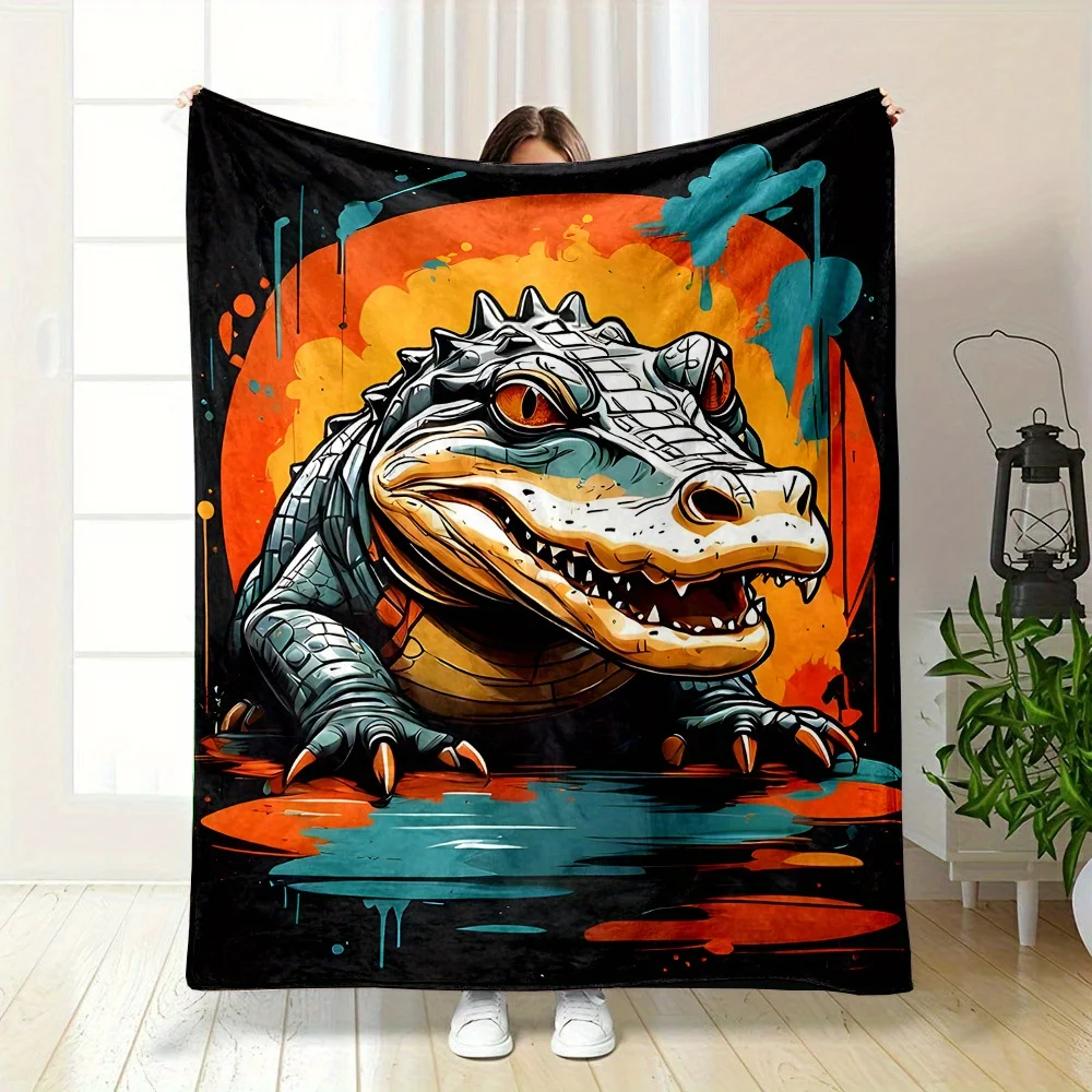 Alligator Cartoon Print Blanket Polyester Flannel Fleece, Non- Weaving, Digital Printing, Reversible, Soft All-Season