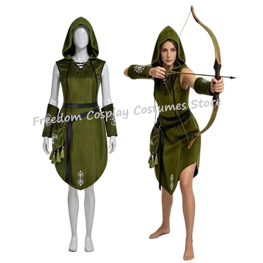 Disfraz de elfa del bosque medieval para mujer, con capucha, sin mangas, túnica verde, ideal para Halloween, cosplay de arquera, para fiestas y juegos de rol.