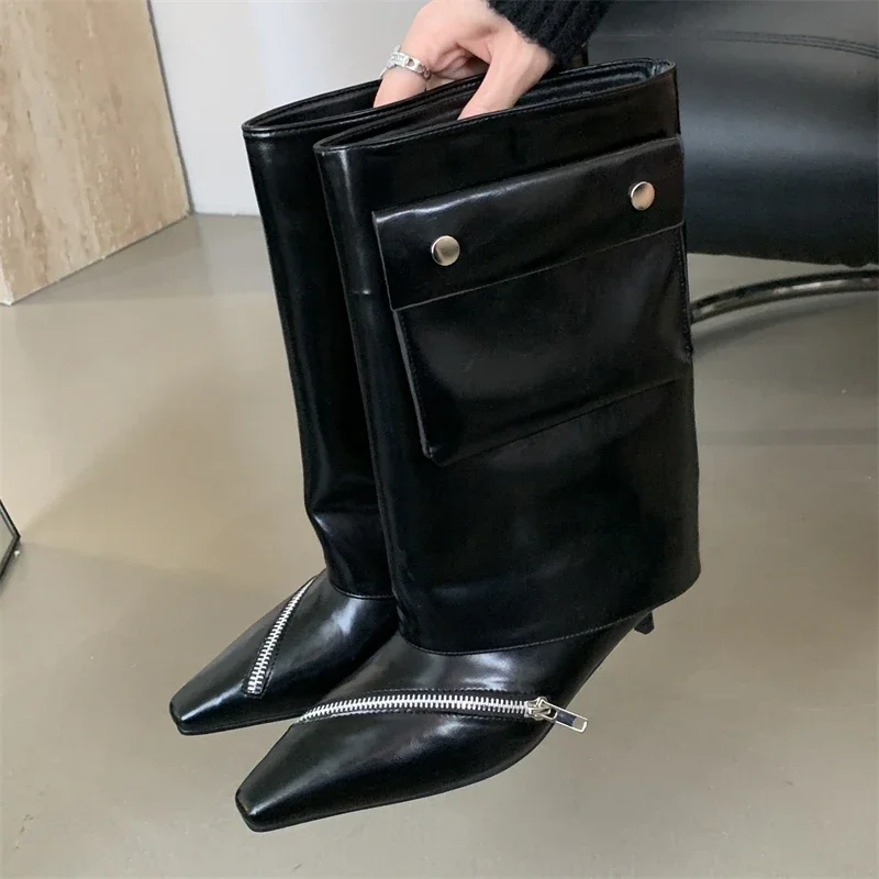 

Women's Super Pointed Toe Faux Leather Pocket Decor Zipper Detail Kitten Heel Mid Calf Boots Casual Streetwear Footwear DropShip