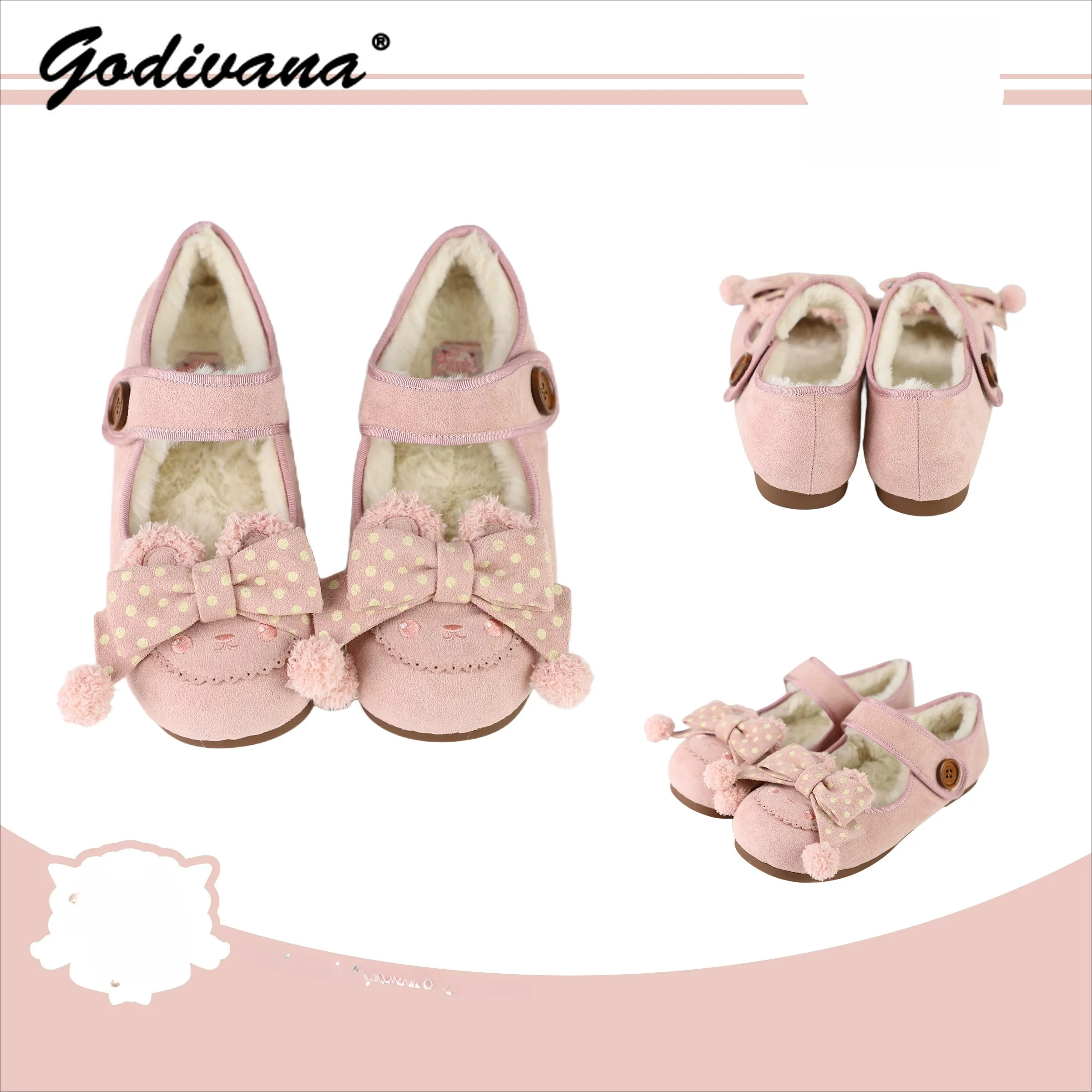 New Winter Lolita Velcro Soft Bottom Flats Loafers Female Girls Sweet Cute Dots Bow Suede Fleece Shoes