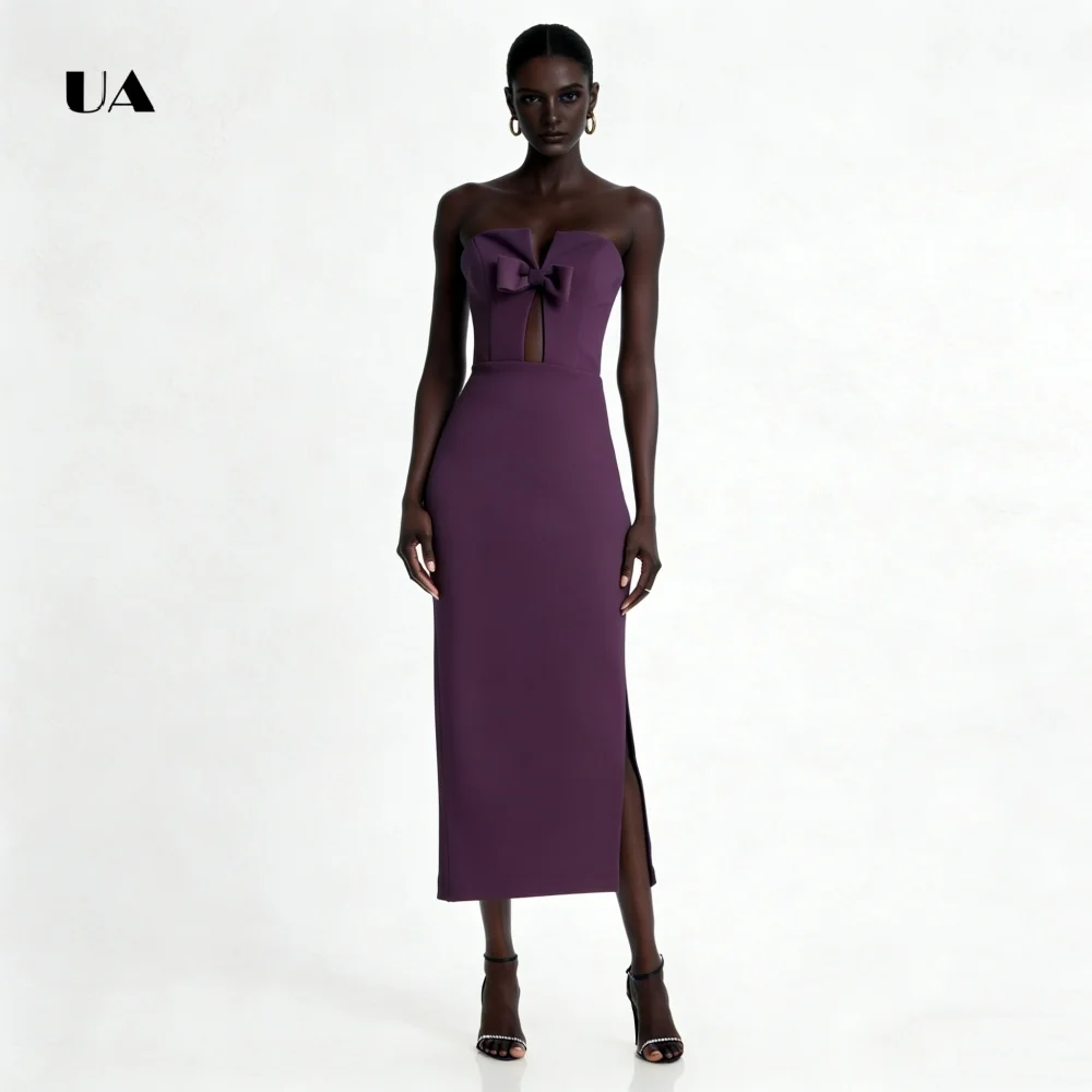 ULBYANRY Trägerloses Ballkleid mit Schleife, solide ärmellose Abendkleider mit Ausschnitten für Damen, einfaches, individuelles Partykleid mit Schlitz