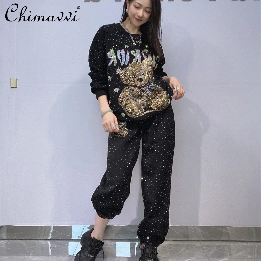 

Fashion Casual Round Neck Loose Rhinestone Women's Sweatshirt Set Autumn New Round Neck Long Sleeve Top Pants Women's Two-Piece