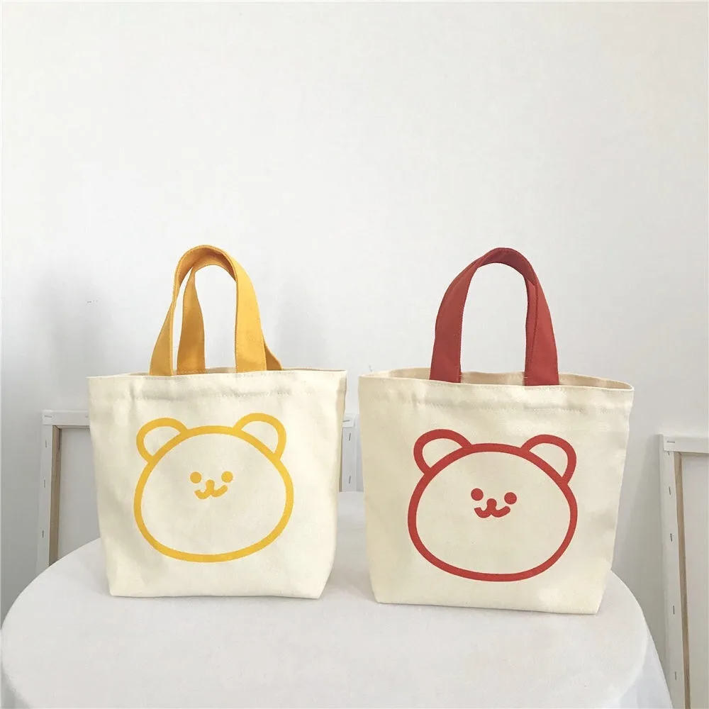1PCS Color Canvas Handbag Mini Portable Outing Versatile Bear Handheld Bag Printed Design Daily Match Soft Vertical Square Bag