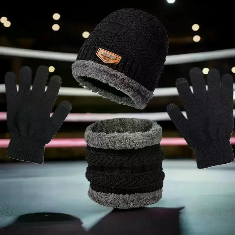 طقم قبعات شتوية للرجال مكون من 3 قطع، قفازات وشاح لتدفئة الرقبة، الكل في واحد، قبعة محبوكة مبطنة بالصوف