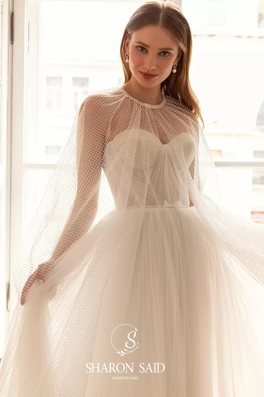 Sharon Said Romantic 2 Pieces A-Line Off WhiteTulle Wedding Dress 2025 Elegant With Cape Tea Length Bride Gowns SW192 Customized