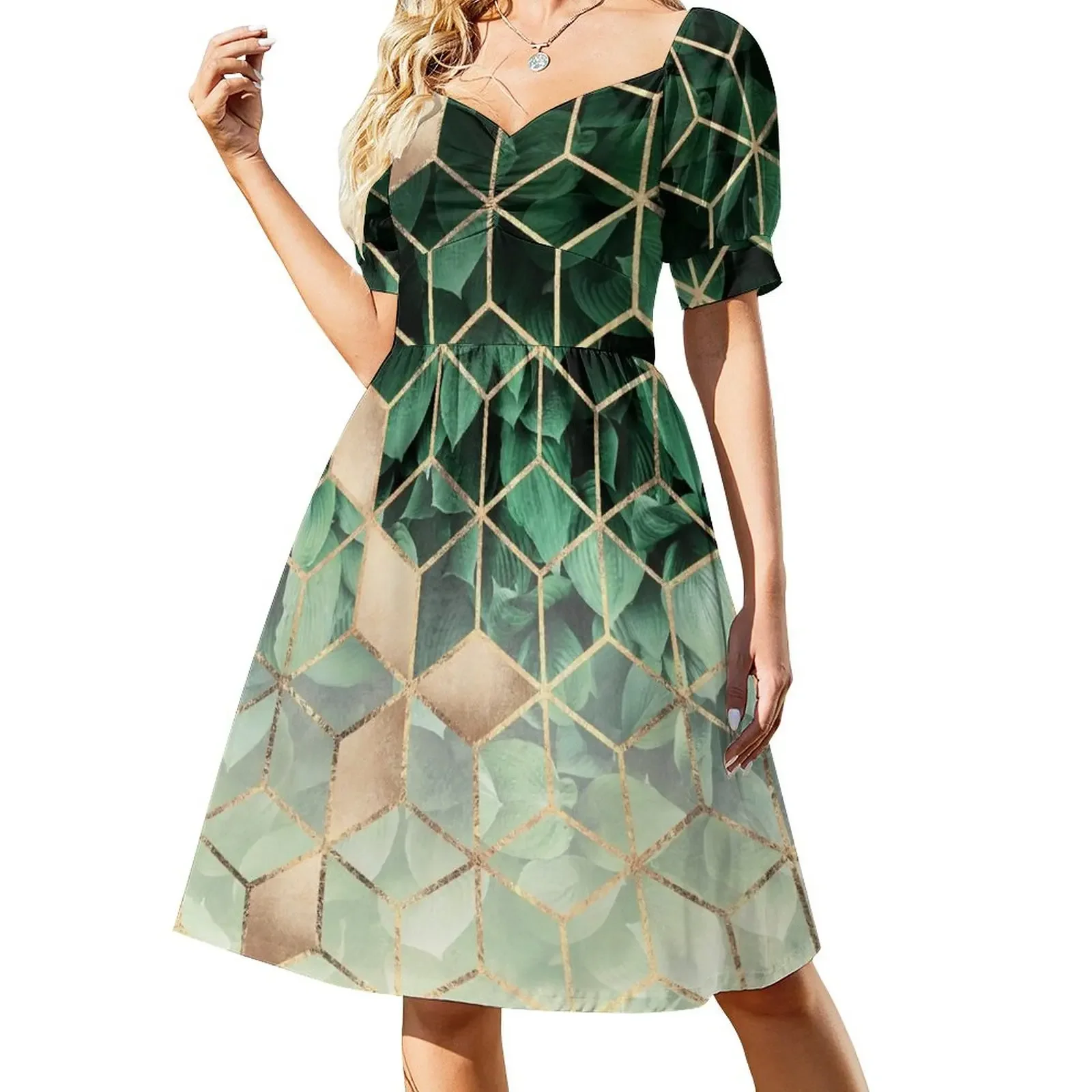 Leaves And Cubes Short-Sleeved Dress Party dresses long dresses for women beach dress