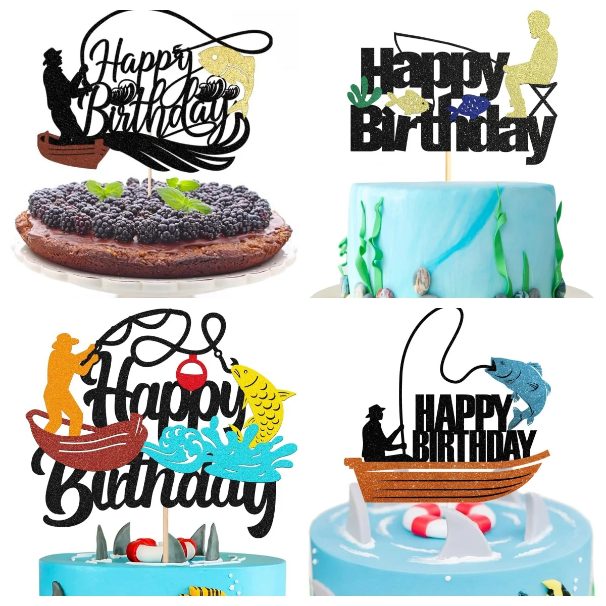 Fish Cake Topper Go Fishing Fisherman Fisher Boat Man Happy Birthaday Kids Party Cupcake Toppers Decoration Baking Supplies DIY