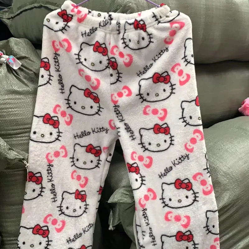 Y2k Sanrio Hello Kitty Pajamas Women Autumn Winter Flannel Sleepwear Fashion Black Pink Print Trouser Cartoon Cute Home Clothes