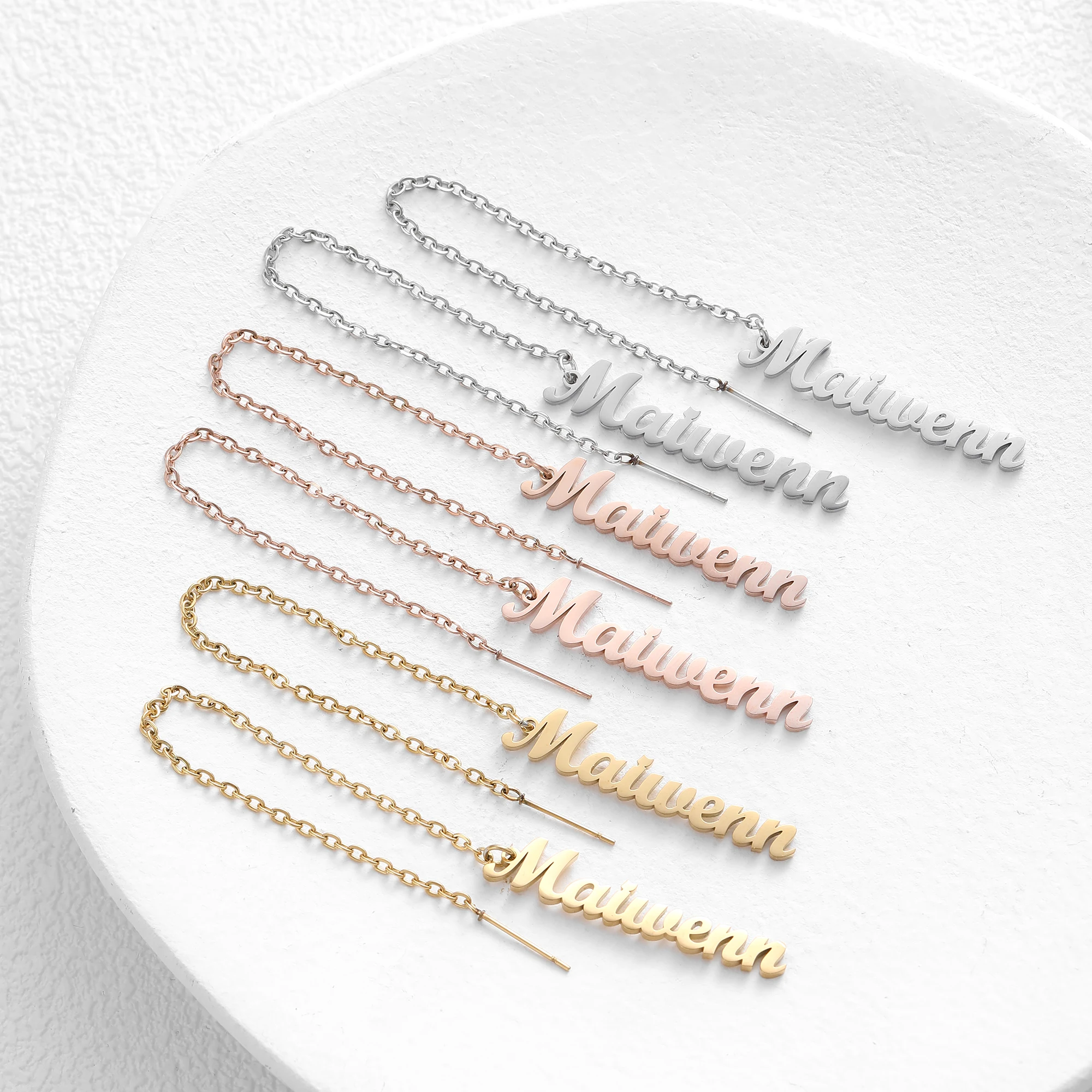 Pendientes de cadena con nombre personalizados para mujer, acero inoxidable, placa con nombre personalizada, letras, joyería de cumpleaños, regalos