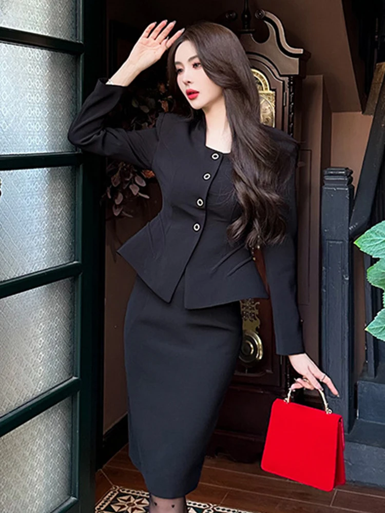 

New High Quality 2 Pieces Outfit Suits Women Black Temperament Formal Chic Tops Coat Blazer Suit High Waist Midi Skirt Slim Sets