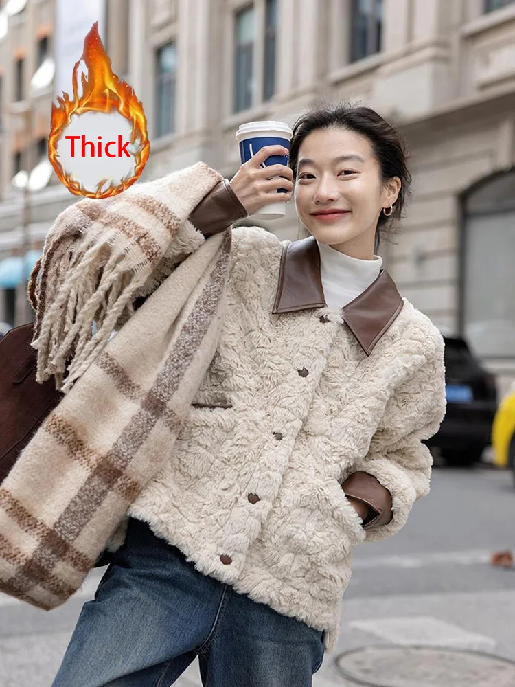 

Faux Lamb Vintage Coat Women Slim Long Sleeve Winter Thick Warm Jacket Streetwear Retro Single Breasted Korean Sweet Outwear New