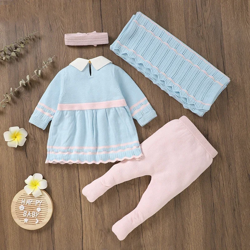 Newborn Baby Girl Sweater Blanket Knit Infant Warm Long Sleeve Pullover Pants Quilt Headdress 4pcs Toddler Kid Clothes Set 0-9M