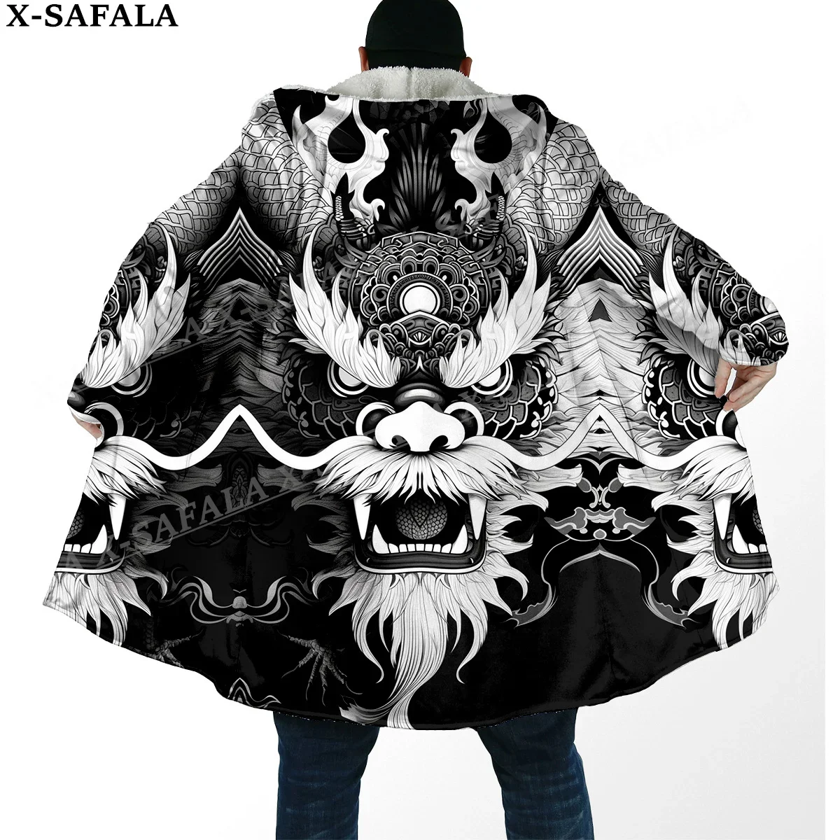 Mythology Dragon Yin And Yang Thick Warm Hooded Cloak Men Overcoat Coat Windproof Fleece Cape Robe Hooded Blanket-3