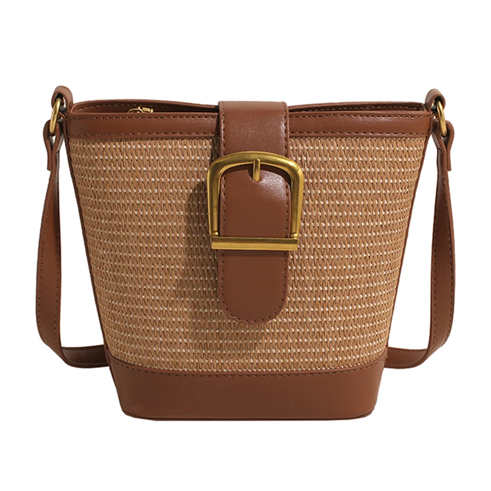 Women Weaving Satchel Bag PU Leather Daily Straw Bucket Bag Adjustable Strap Straw Crossbody Bag Female Woven Bag