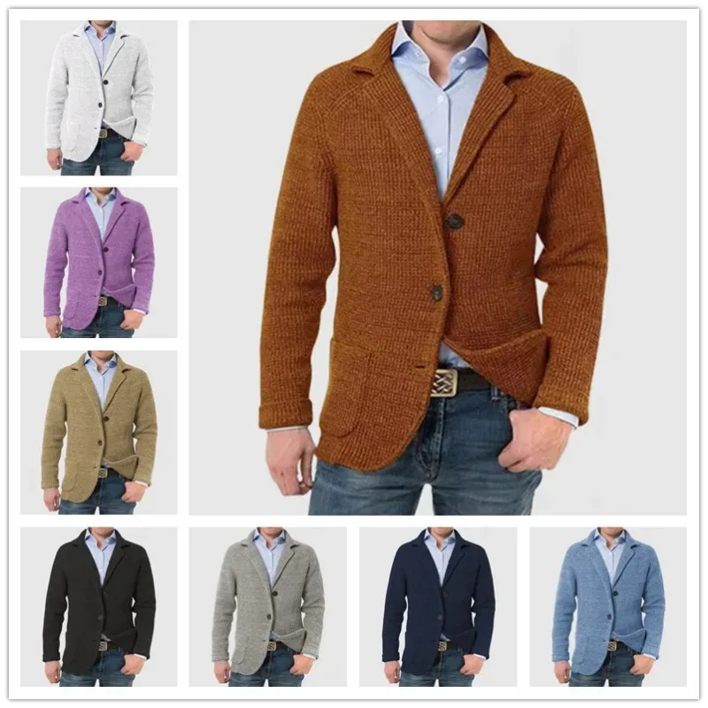 

Men's Autumn Winter Stand Collar Knitted Cardigan Jacket Casual Long Sleeve Sweater Blazer Coat With Pockets Outerwear