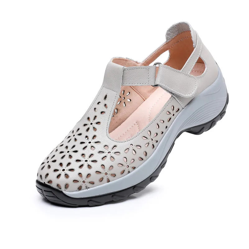 GKTINOO 2024 Summer Genuine Leather Hollow Shoes Woman Sandals Casual Mother Wedges Soft Sole Comfortable Sneakers Non-slip