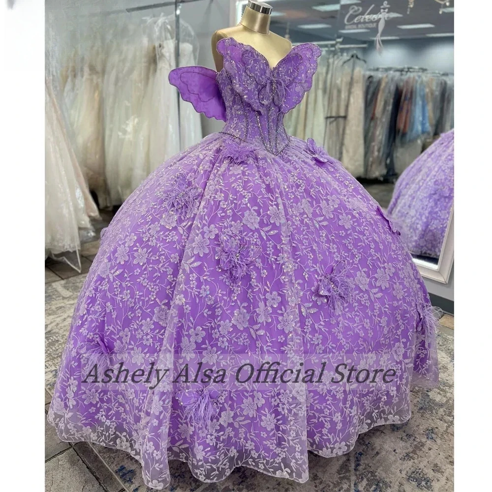 Customized Lilac Princess Butterfly Quinceanera Dresses 16 Girls Full Lace Beaded Ball Skirt Party Prom Gown Vestido vx 14 Anos