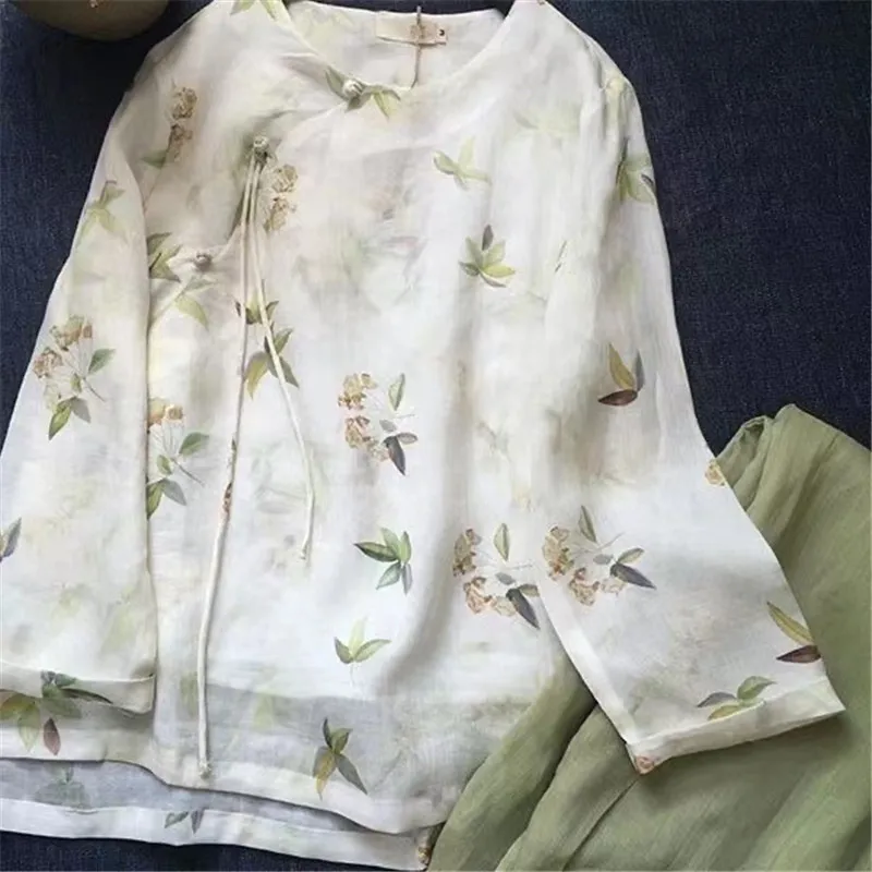 Limiguyue Double Layers Ramie Shirts Women Literary Leaf Printed Slanted Button Summer Blouses Chinese Style Causal Tops F210