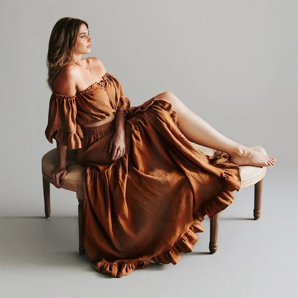 

2-Piece Maternity Photoshoot Dress with Elastic Waist & Side Slit Breathable Linen Photography Gown for Baby Bump Pictures YEWEN