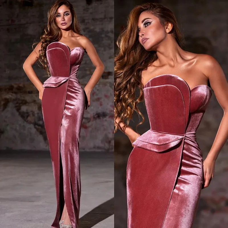 

Charming Velvet Sheath Strapless Neckline Wedding Guest Evening Prom Dresses for Bride Special Occasion 2023