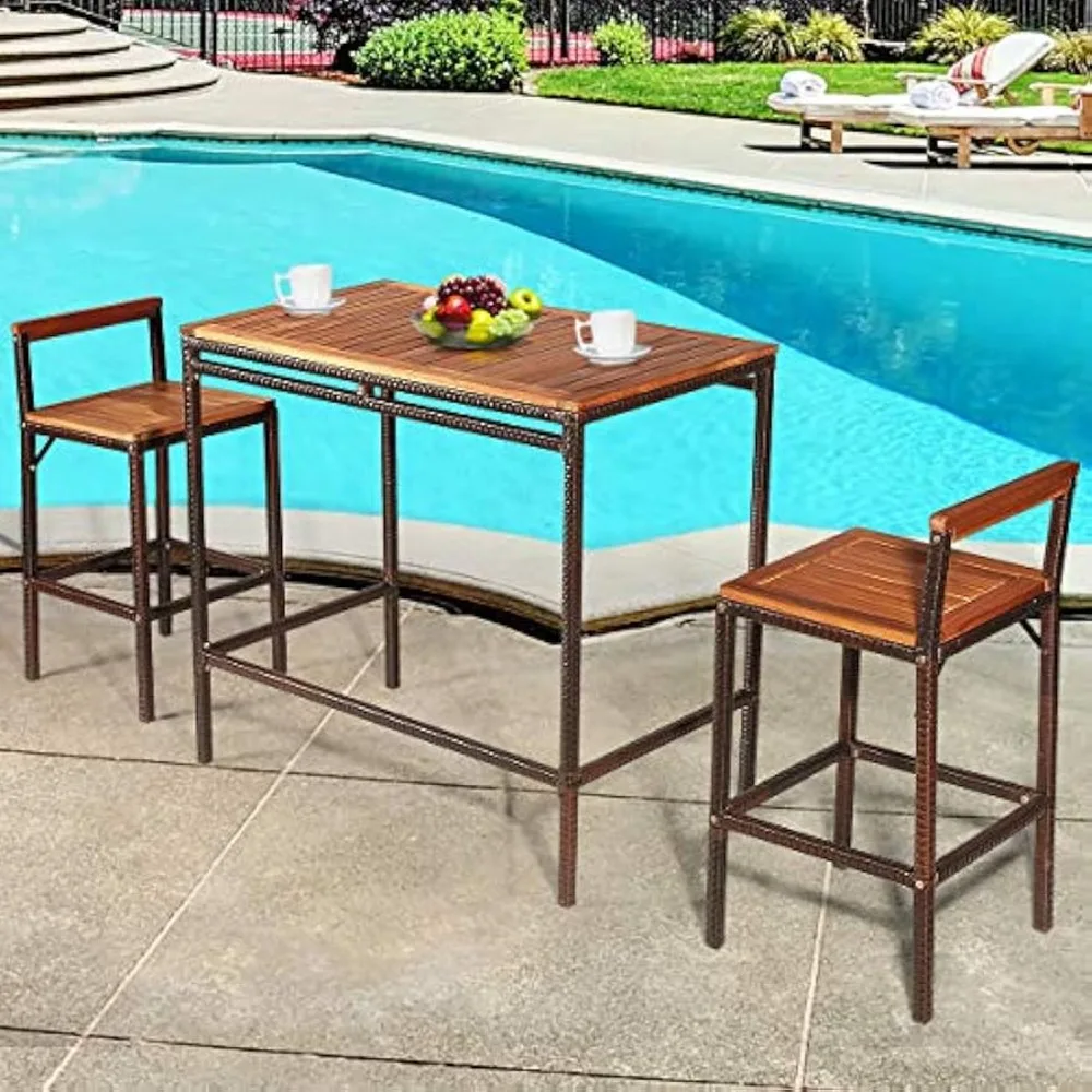 

3 PCS Patio Bar Table Set, Outdoor Rattan Bar Set Bistro Set with Acacia Wood Top, Wood Table Set with 2 Bar Chairs for