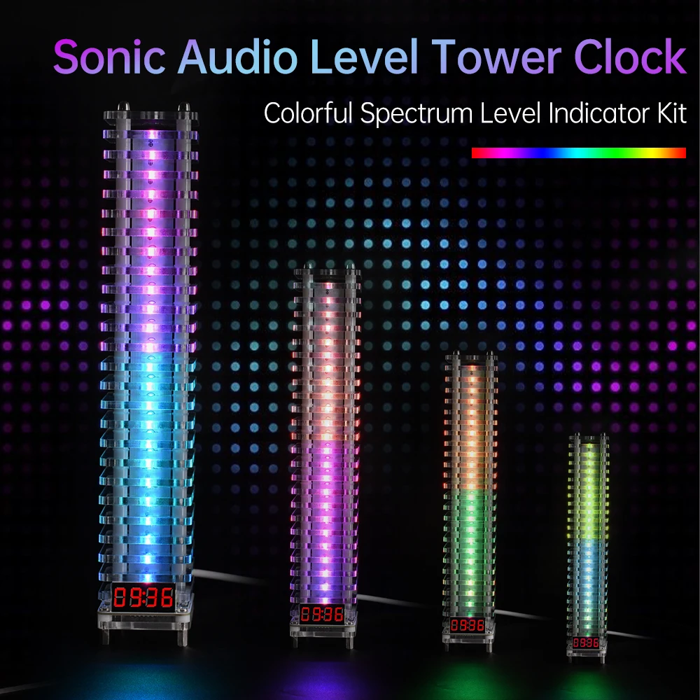 

DC 5V Voice Controlled Electronic Crystal Column Welding Kit Audio Level Tower Clock Module 7-Color Spectrum Level Indicator Kit