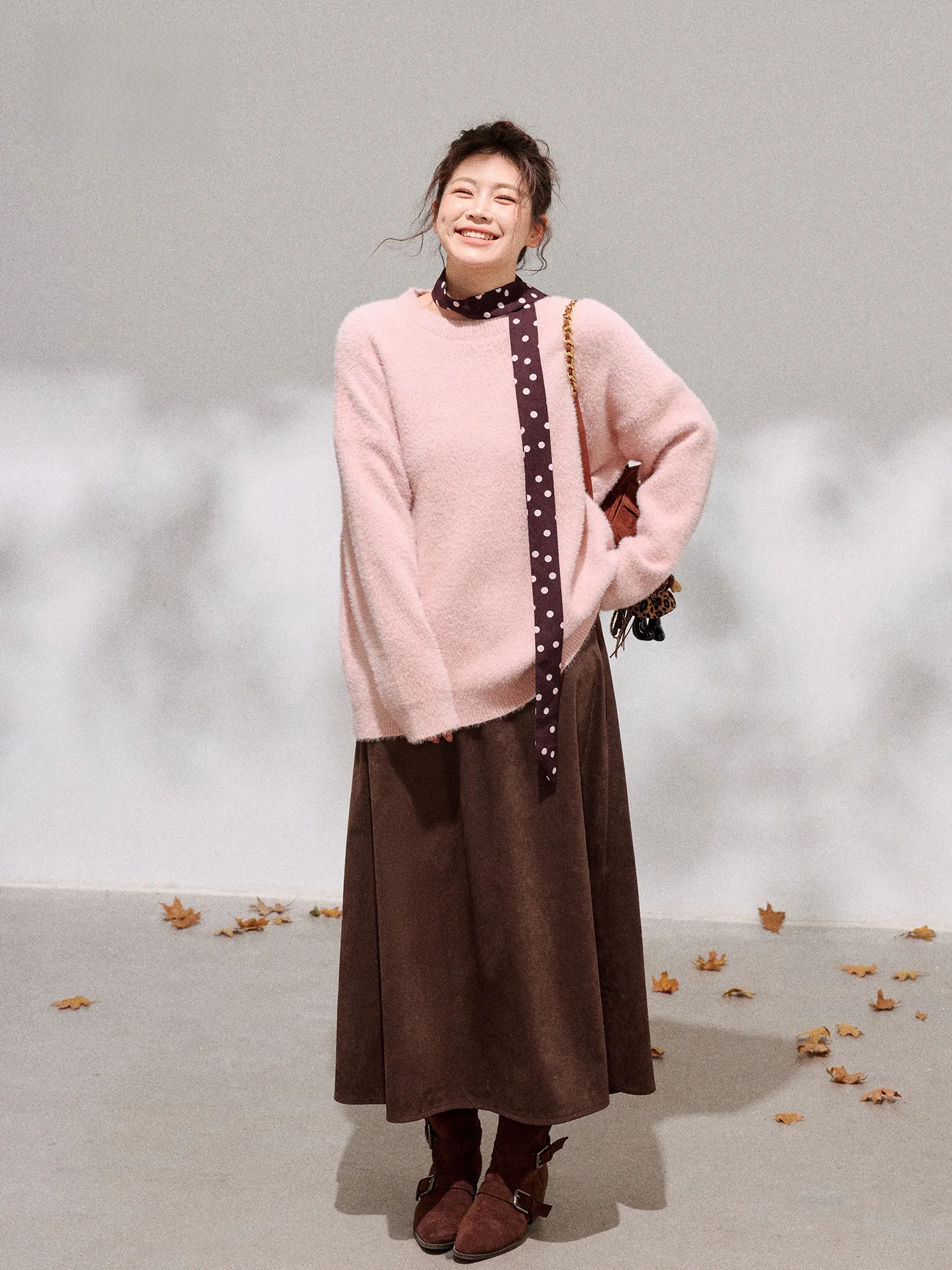 

plus Size Women's Pink Fce Sweater Fi Tail Skirt Set Korean Sle Slimming Comfortable Winter Casual High Waist A-Line S...