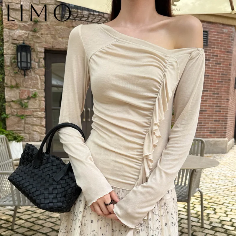 

LIMO Women's Off Shoulder Ruffle Blouse Asymmetric Slim Fit Solid Casual Elegant High Quality Spring Summer 2025 Fashionable