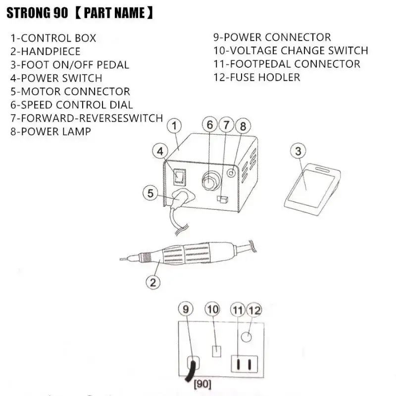 Strong90 Electric Control Box 65W Micromotor Handpiece Strong Nail Drill Cutters Set 102L Handle Manicure Nail File Nail