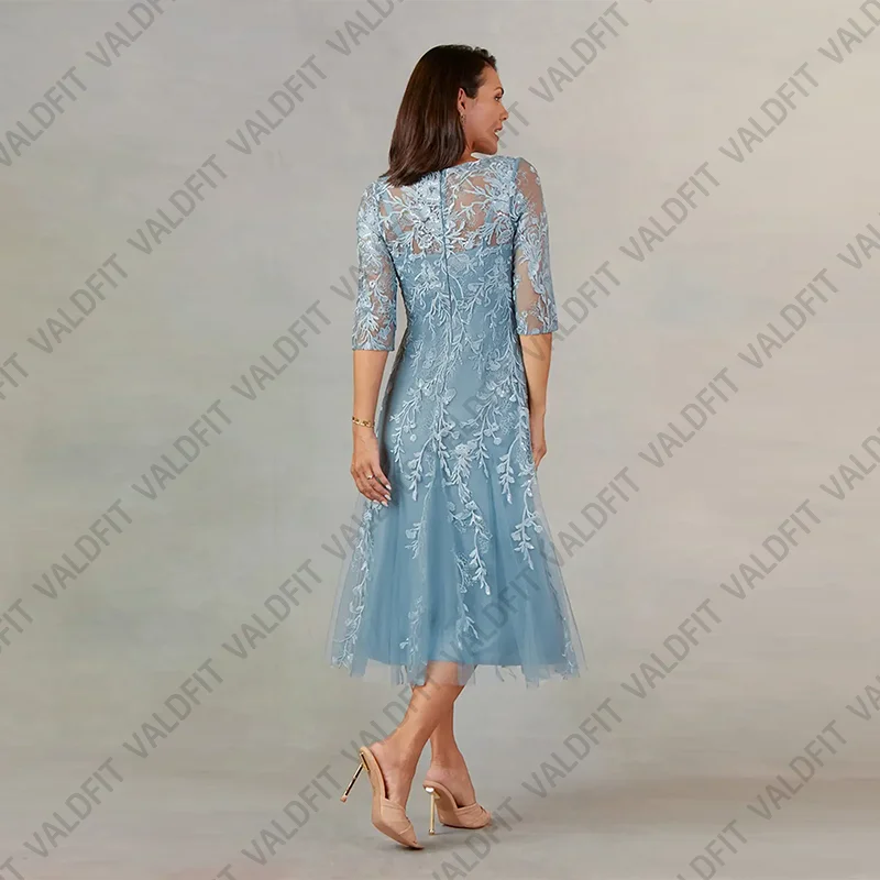 Customized Tea Length Dusty Blue Lace Mother of the Bride Dresses with Sleeves Wedding Party Dress Vestidos De Festa