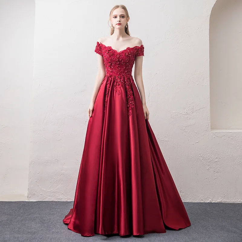 off-Shoulder Wine Red Toast Dress Bride Marriage Engagement Wedding Family Visiting Shoes Banquet Evening Women's Clothing