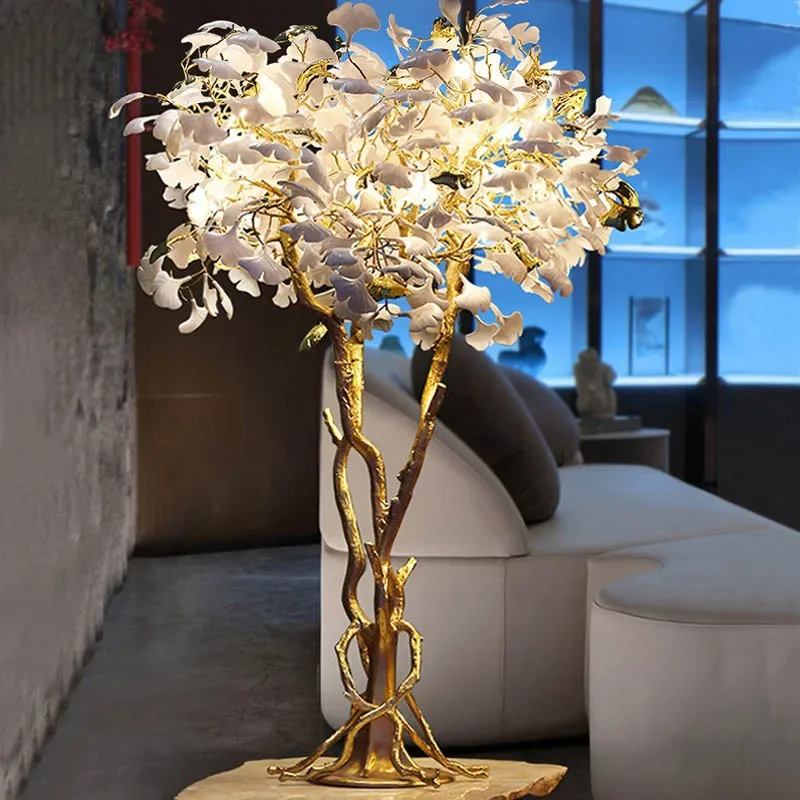 

Personalized creative ceramic ginkgo leaf cash cow local tyrant golden atmosphere lobby hotel restaurant luxury led floor lamp